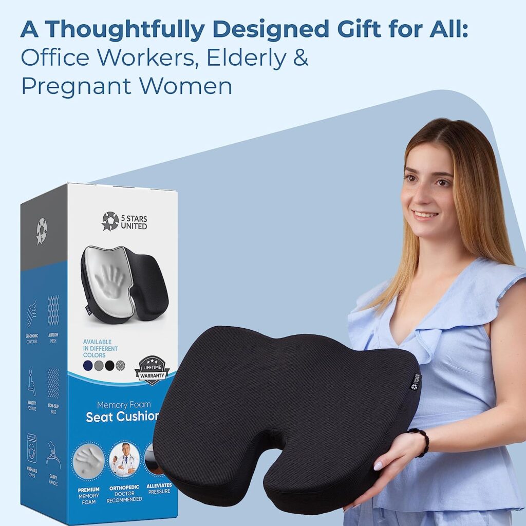 5 STARS UNITED Seat Cushion Pillow for Office Chair - Memory Foam Chair Pad - Tailbone, Sciatica, Lower Back Pain Relief - Lifting Cushion for Car, Wheelchair, School Chair, Computer and Desk Chair