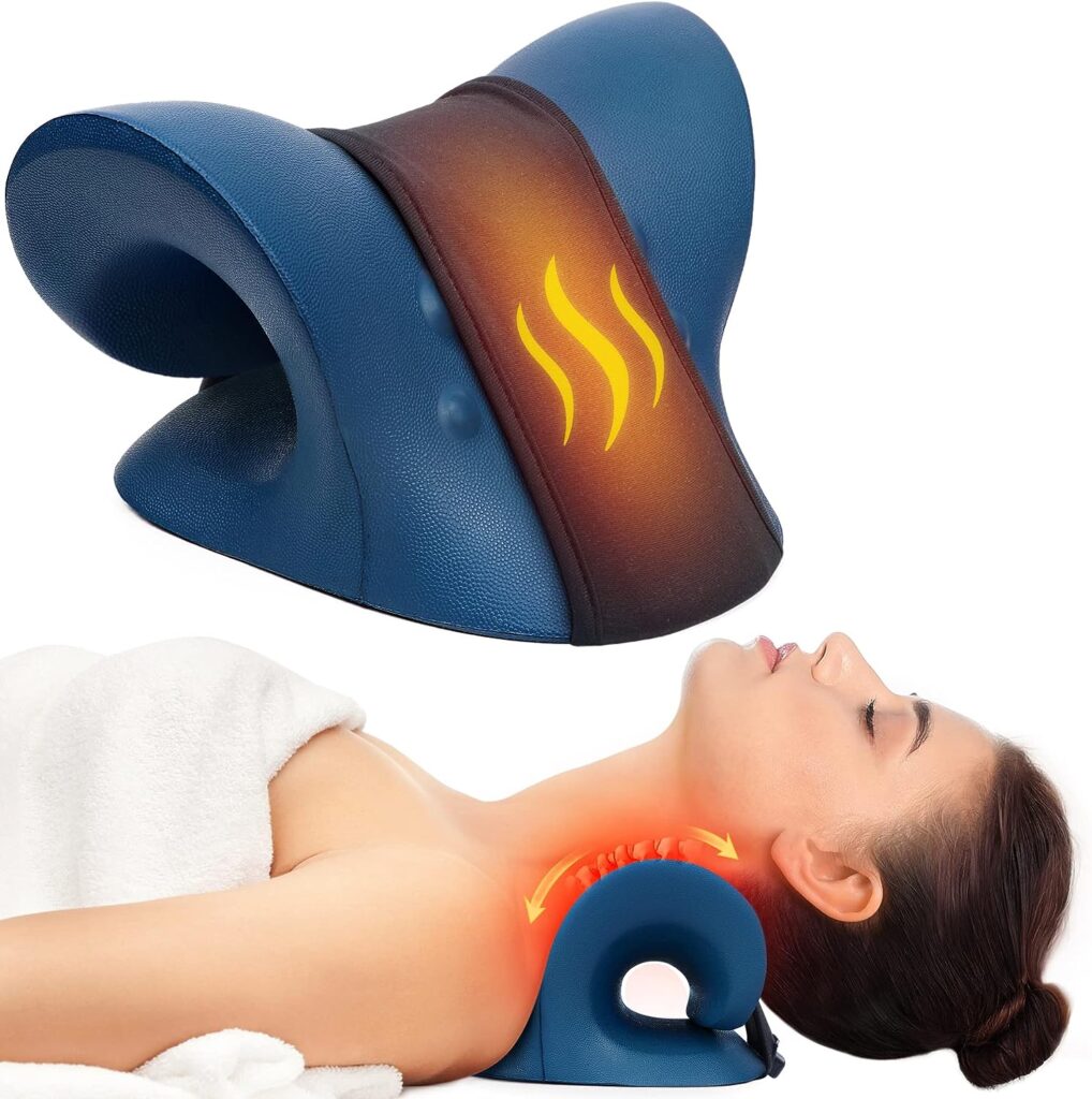 Cozyhealth Neck Stretcher for Neck Pain Relief, Heated Cervical Traction Device Pillow with Graphene Heating Pad, Neck and Shoulder Relaxer for TMJ Pain Relief and Cervical Spine Alignment(Dark Blue)