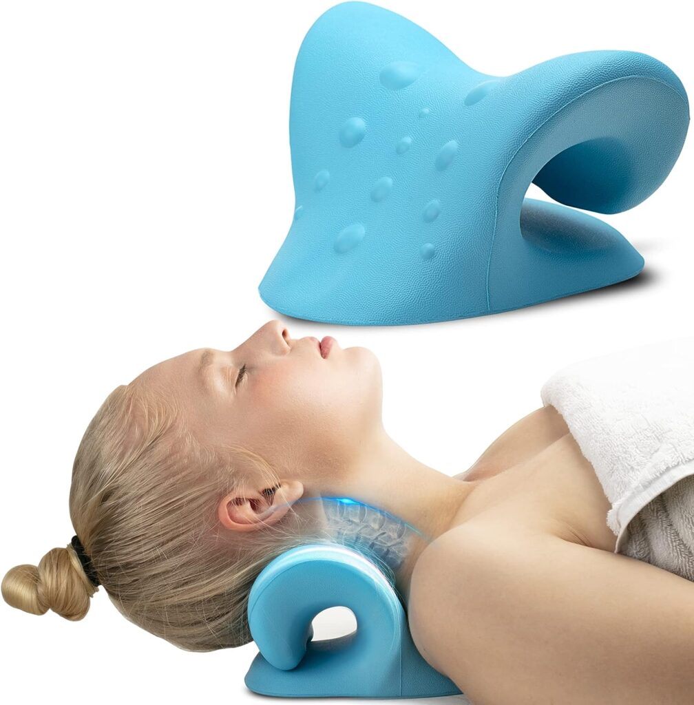 iBYWM FSA HSA Eligible Neck Stretcher Cervical Traction Device, Neck Hump Corrector, Cervical Spine Alignment, Neck Traction for Muscle Tension Relief, Chiropractic Pillow (Light Blue)