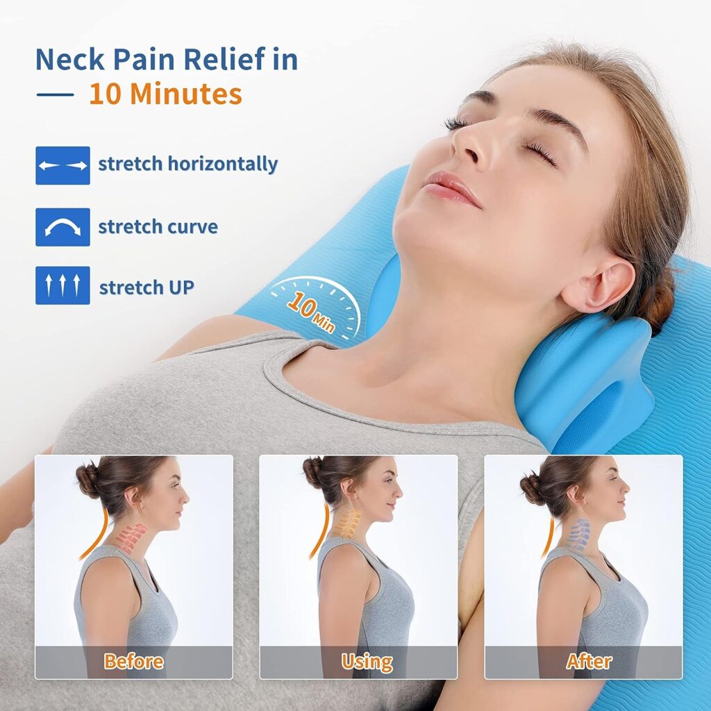 Neck Stretcher for Neck Pain Relief, Neck and Shoulder Relaxer, Cervical Spine Alignment, Neck Traction for Muscle Tension Relief, TMJ Pain Relief, Chiropractic Pillow (Blue)